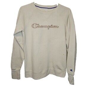 Champion Vintage Pullover Sweatshirt Spellout White Cream Mens Size S Small